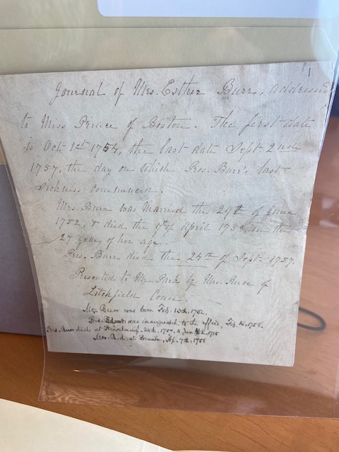 Esther Edwards journal discussing Aaron Burr Jr. Yale Beinecke
