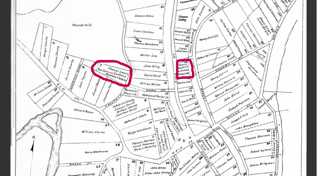 original map of properties Northampton MA with Jonathan Edwards home shown