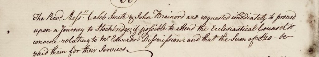 clip of the December 1757 Princeton Trustee's minutes regarding John Brainerd going to Stockbridge to secure Jonathan Edwards for the presidency