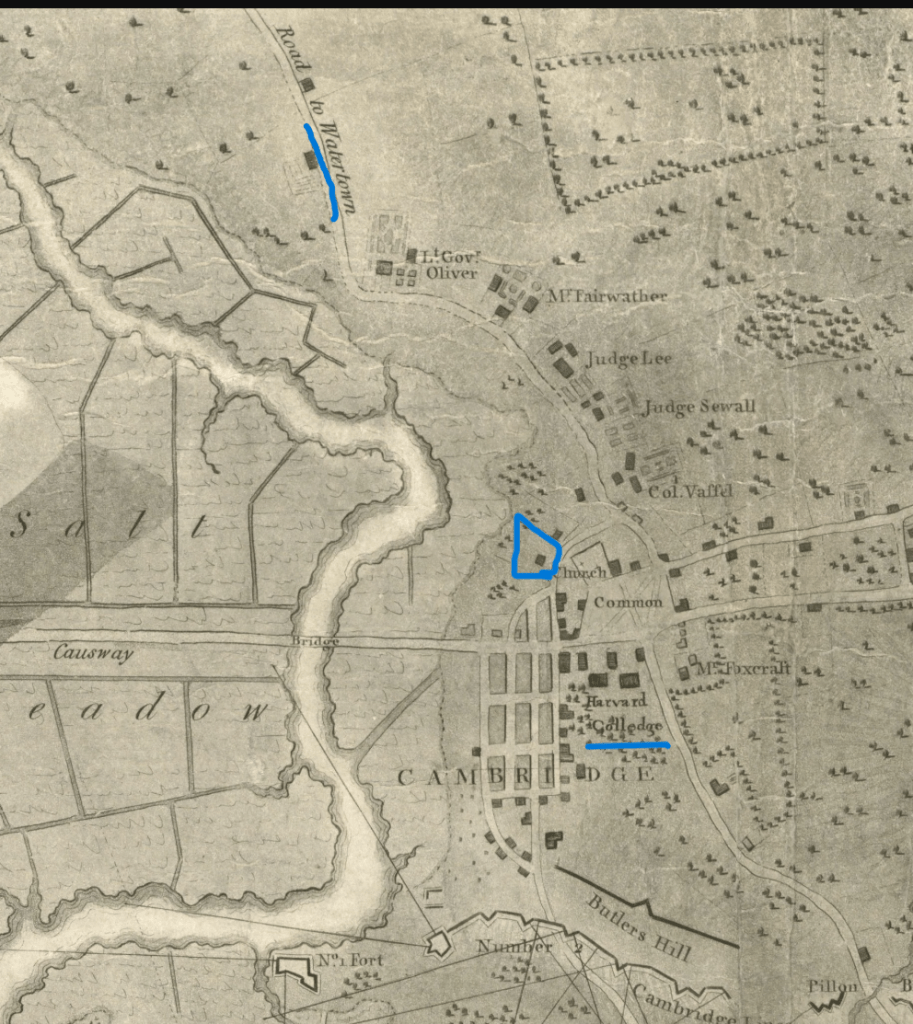 map of old Cambridge with Watertown path noted as well as Brattle house