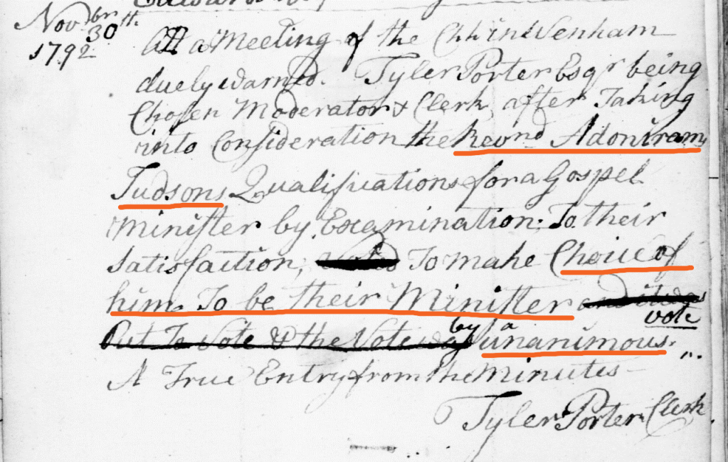 Adoniram Judson Sr. call to Wenham MA